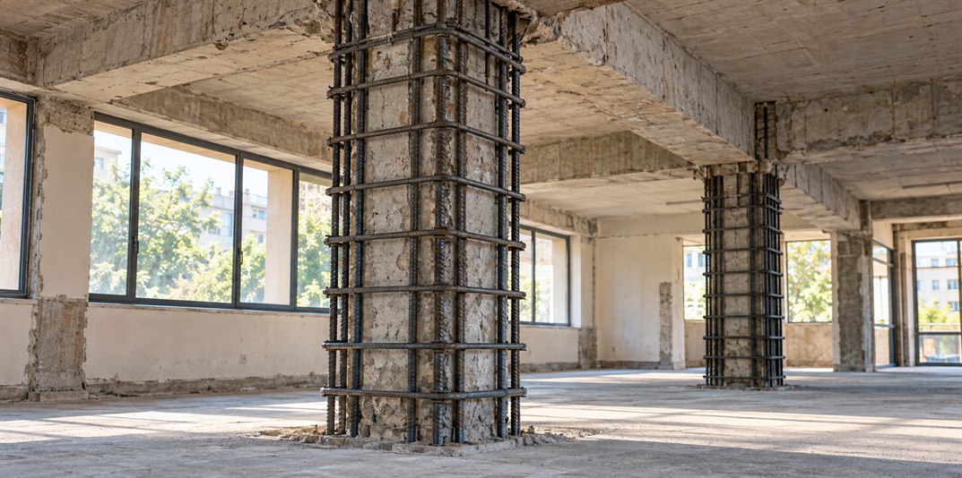 Bina güçlendirmede betonarme kolon mantolaması için hazırlanan çelik donatı kafeslerini gösteren temsili görsel