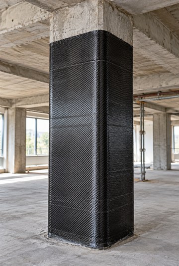 Bina güçlendirmede mevcut betonarme kolona uygulanan karbon fiber sargıyı gösteren temsili görsel