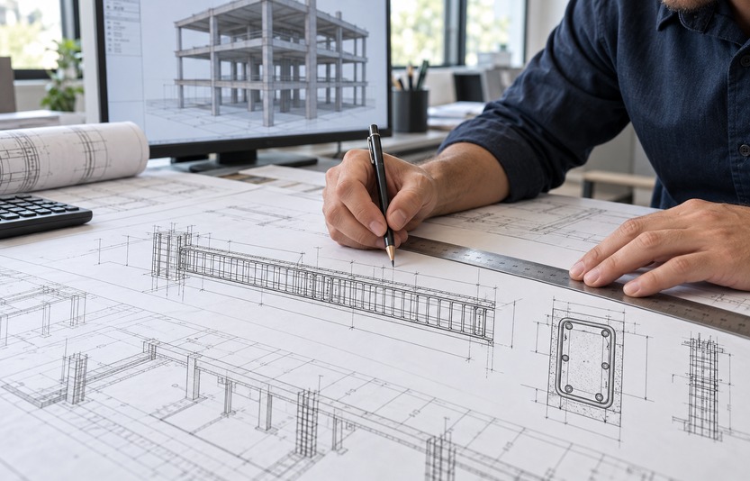 Betonarme kiriş ve kolon detayları üzerinde statik proje çalışmasını gösteren temsili görsel